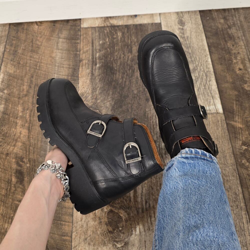 Harley Davidson Y2K Leather Engineer Moto Ankle Boots Buckle Chunky Lug Sole